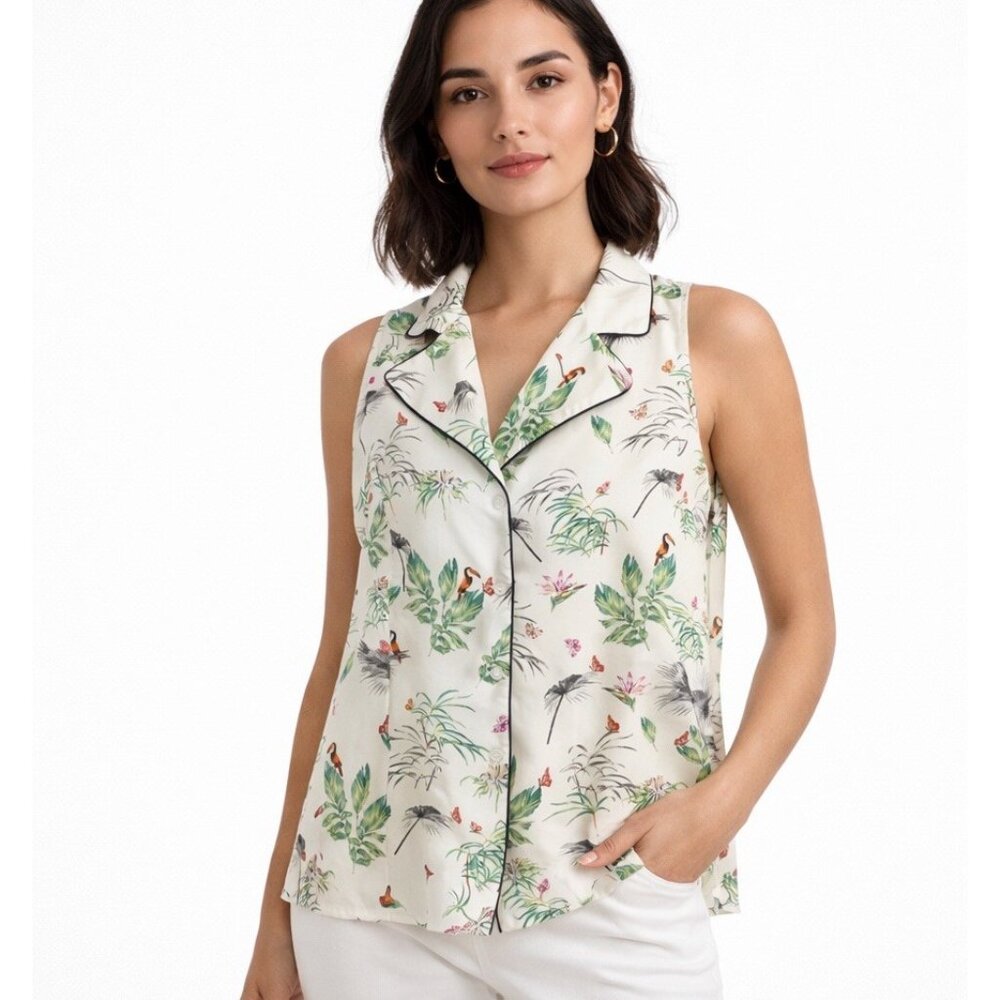NEW Rachel Roy Plus Size 3X Tropical Sleeveless Blouse top Resort Button Front